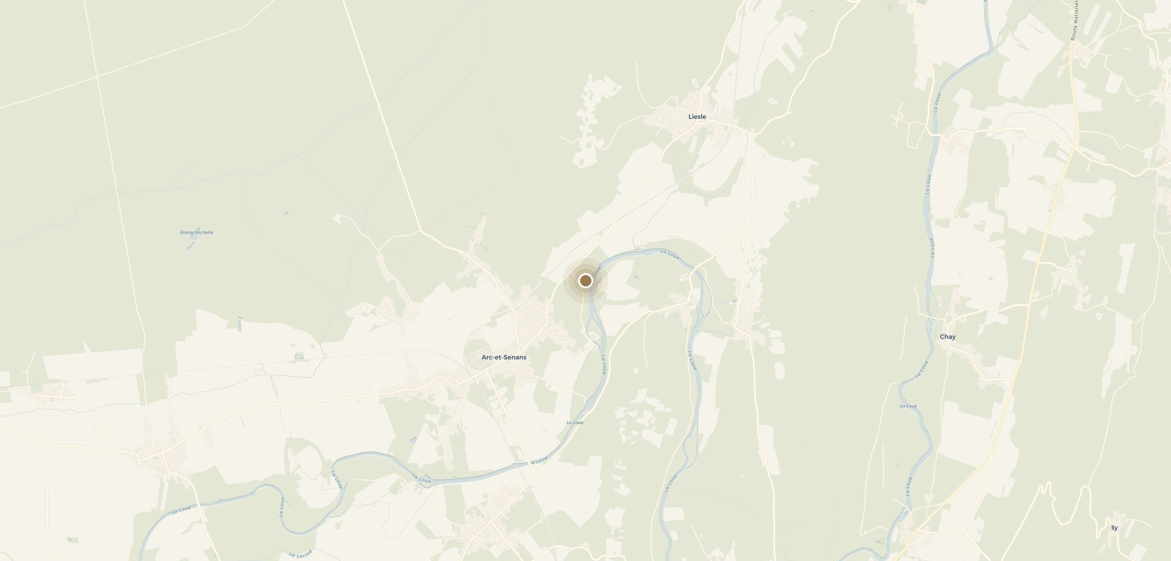 Carte de la vallée de la Loue situant le Château de Roche entre Arc-et-Senans et Liesle