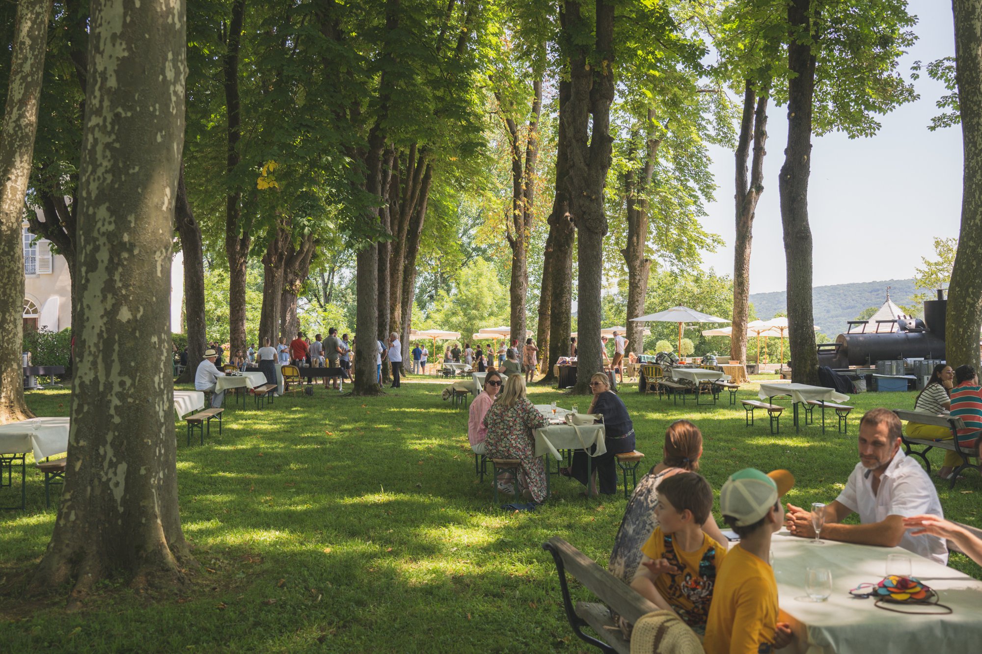 Des convives attablés sous les platanes pour la garden party, le château au fond