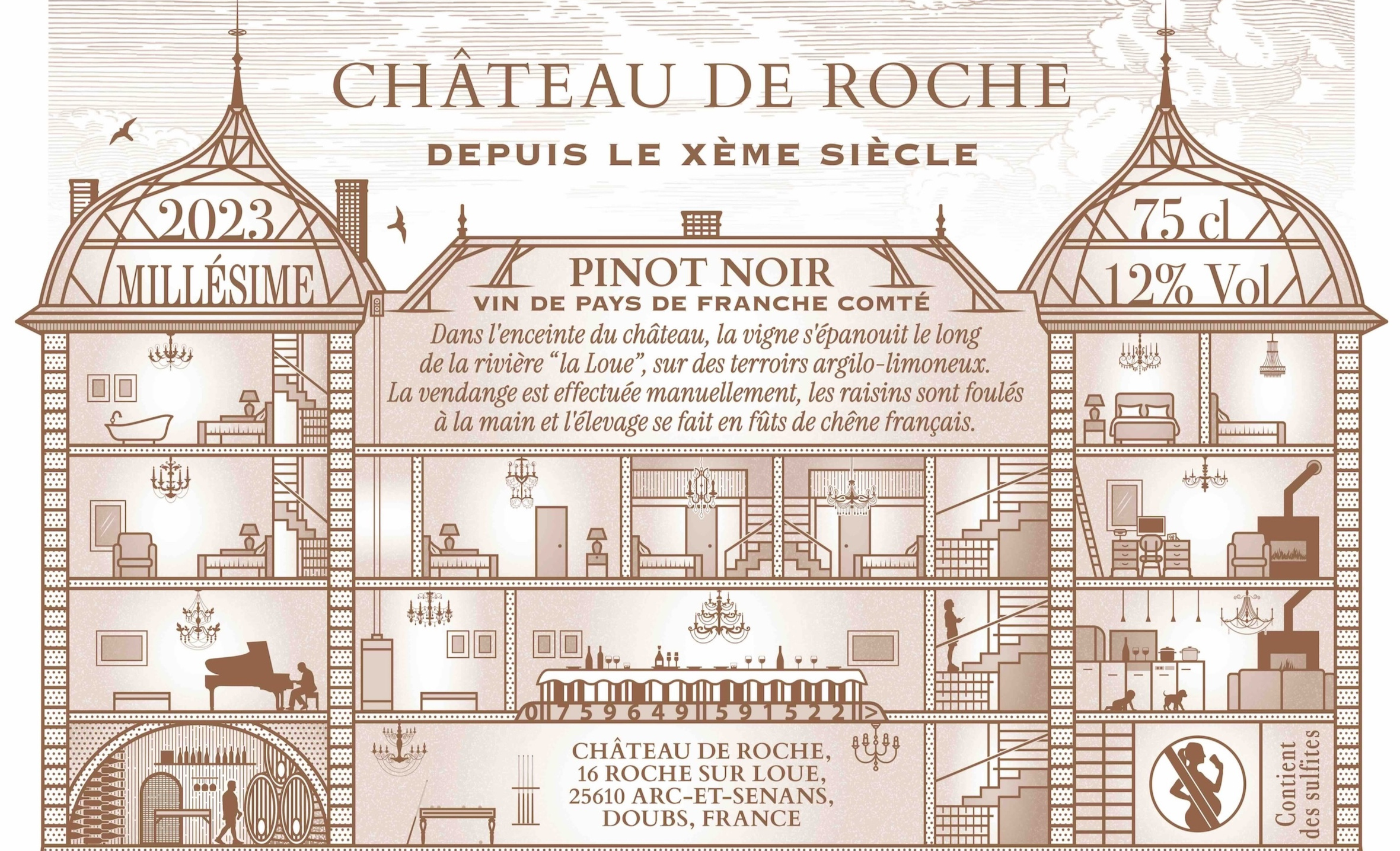 The Château de Roche in cutaway, back of the wine label