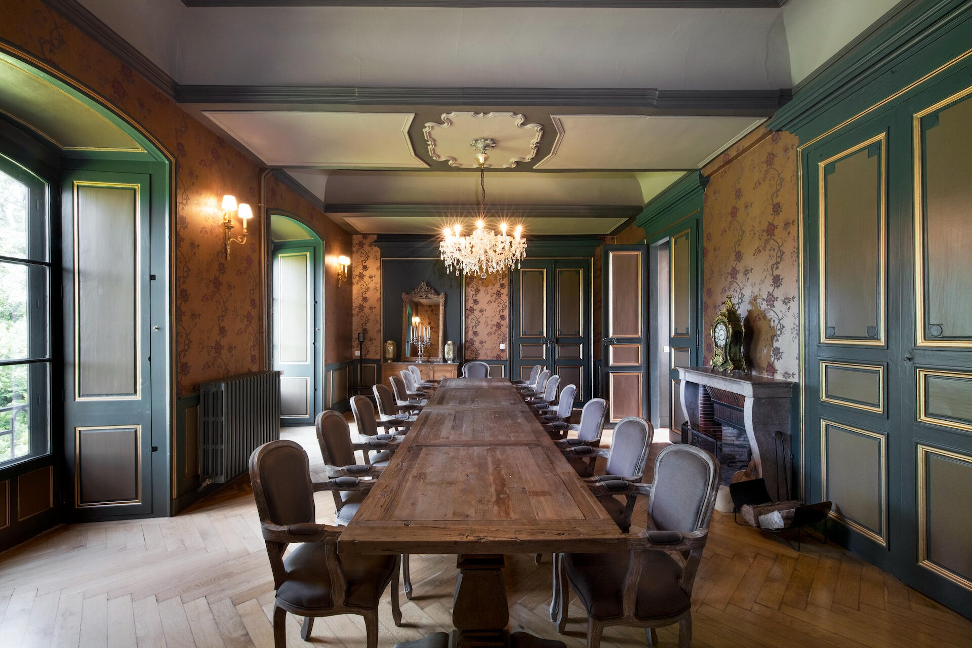 The panelled dining room of the château