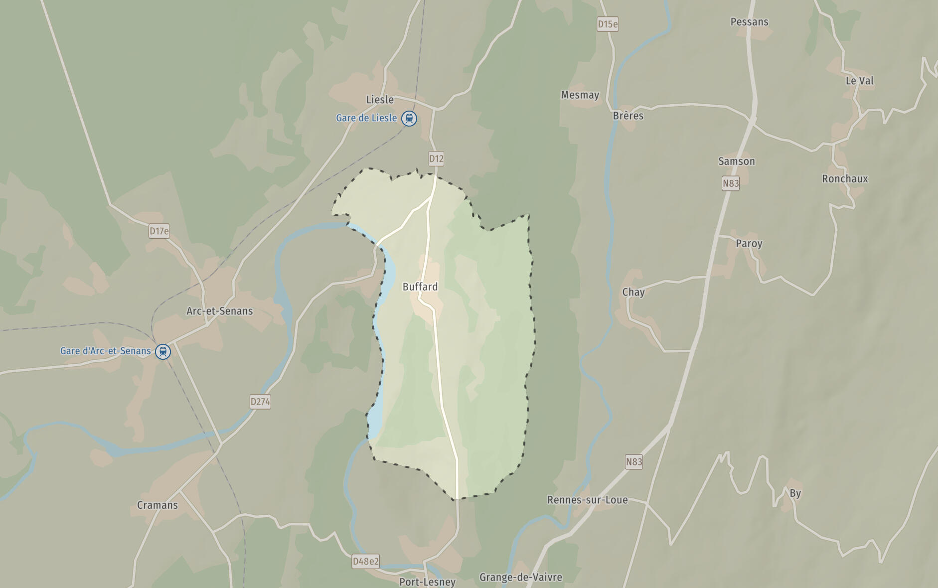 Carte situant la parcelle de Buffard par rapport à Arc-et-Senans et à la Loue